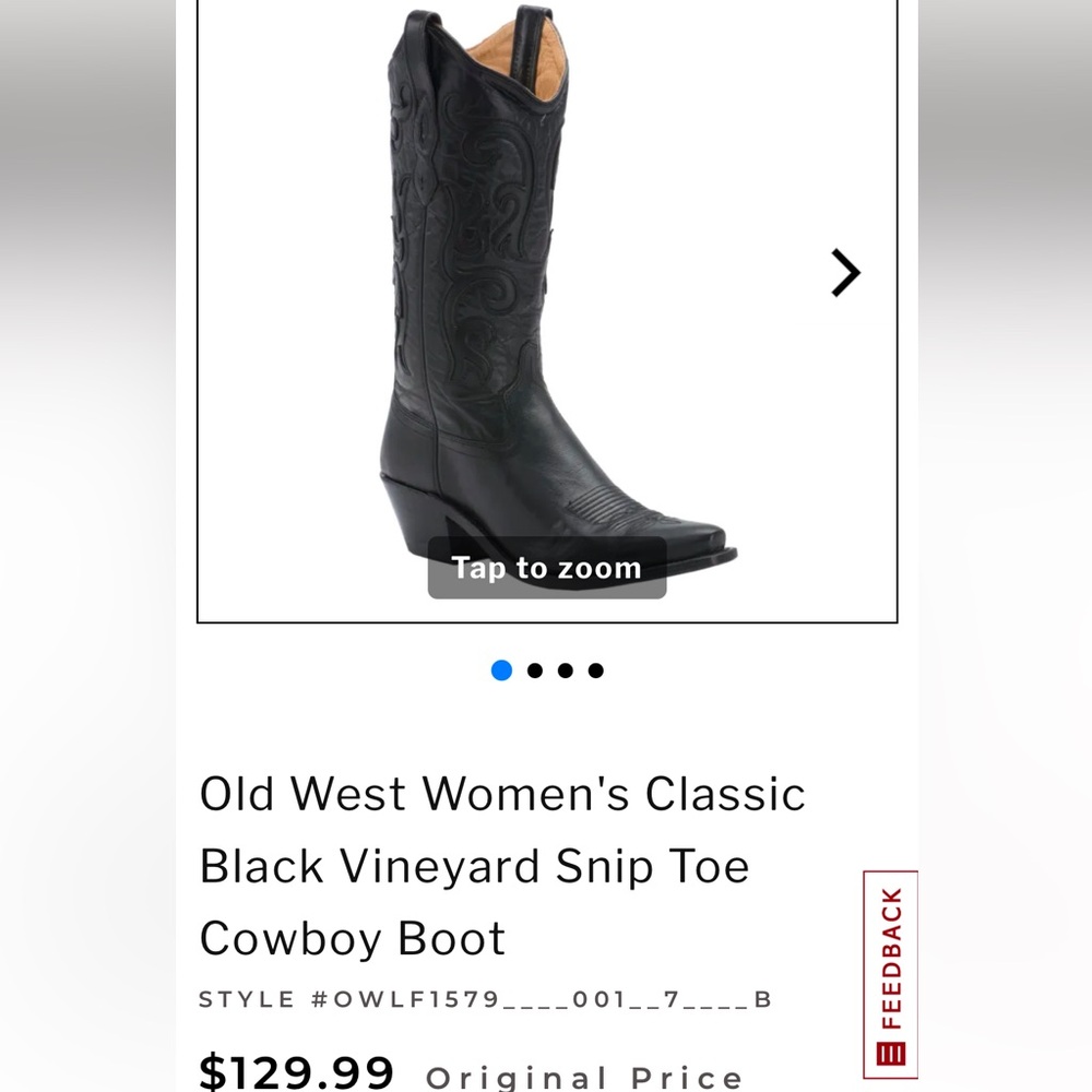 Old West Women's Classic Black Vineyard Snip Toe Cowboy Boot